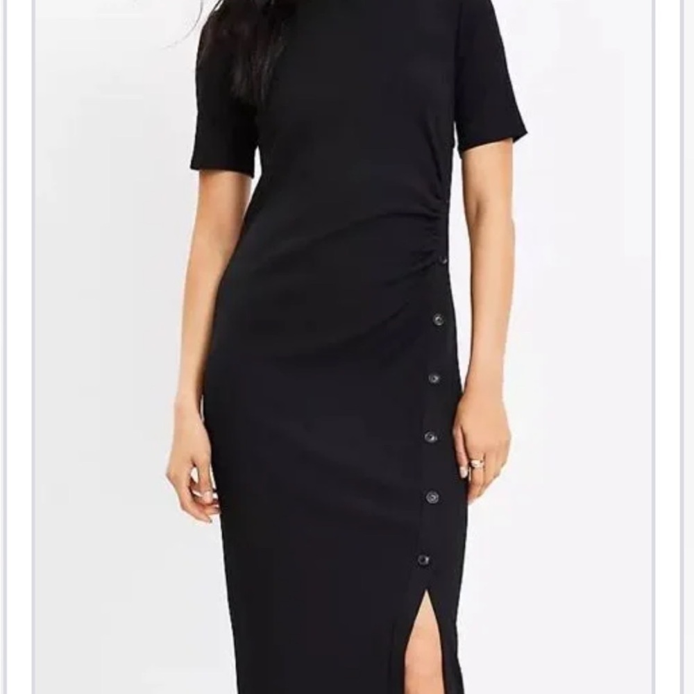LOFT Black Sheath Midi Dress Mock Neck Slit
